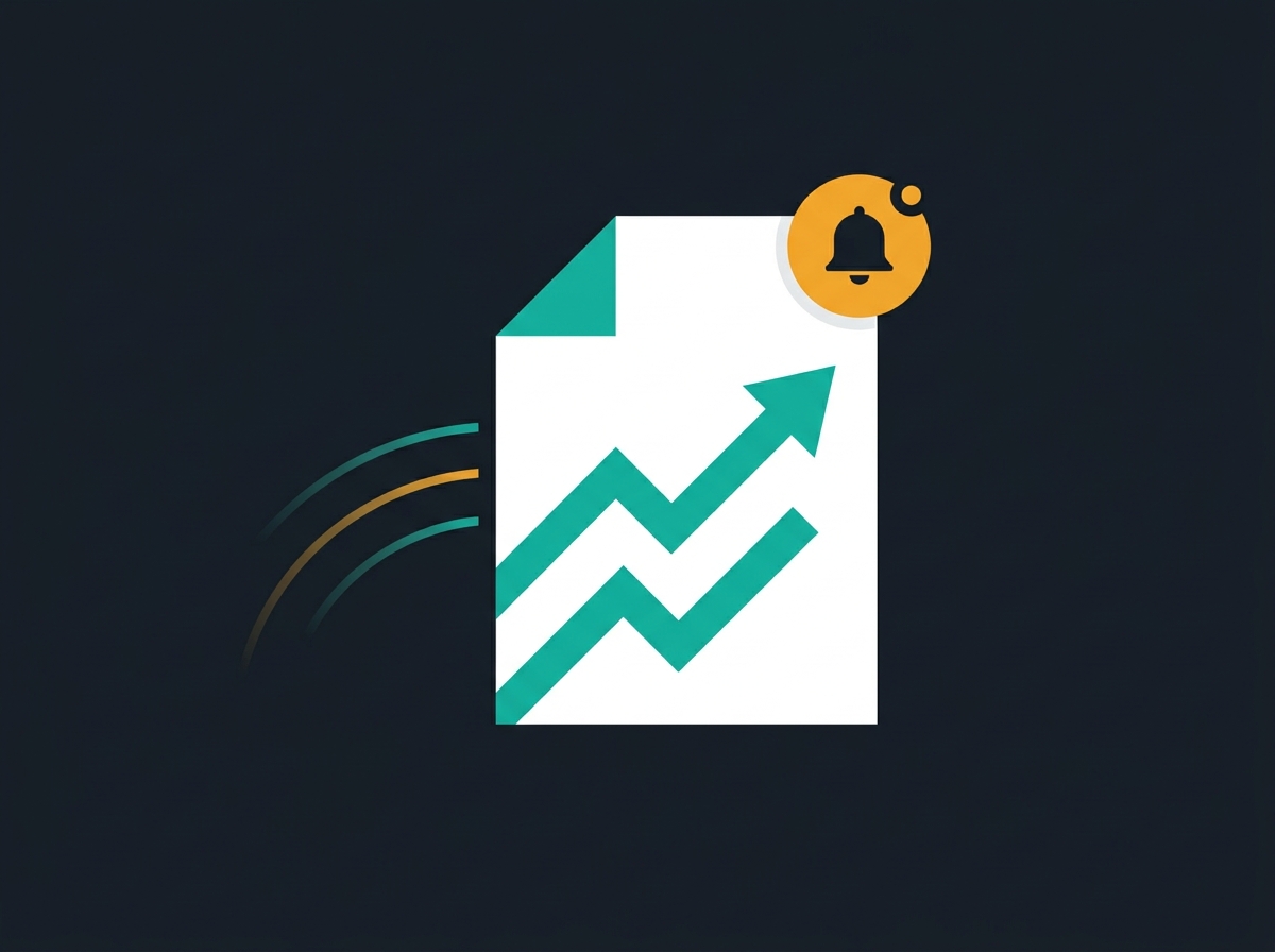 Stylized report sheet with chart lines and a notification bell