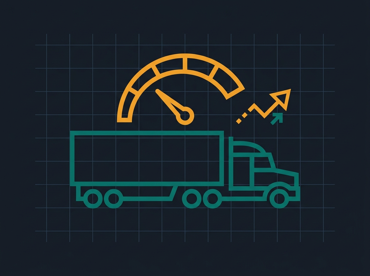 Stylized semi truck with a fuel gauge and diesel price line