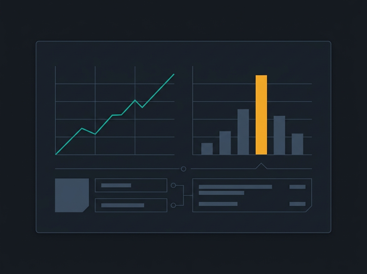 Stylized dashboard with teal line and bar charts